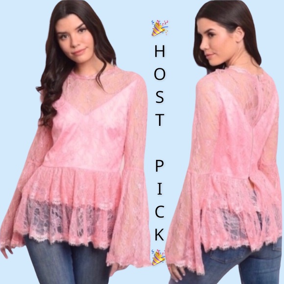 Tops - Pink Overlay Lace Ruffled Hem Long Bell Sleeve Top